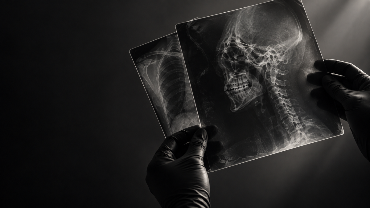 Gloved hands examining translucent radiology films against light