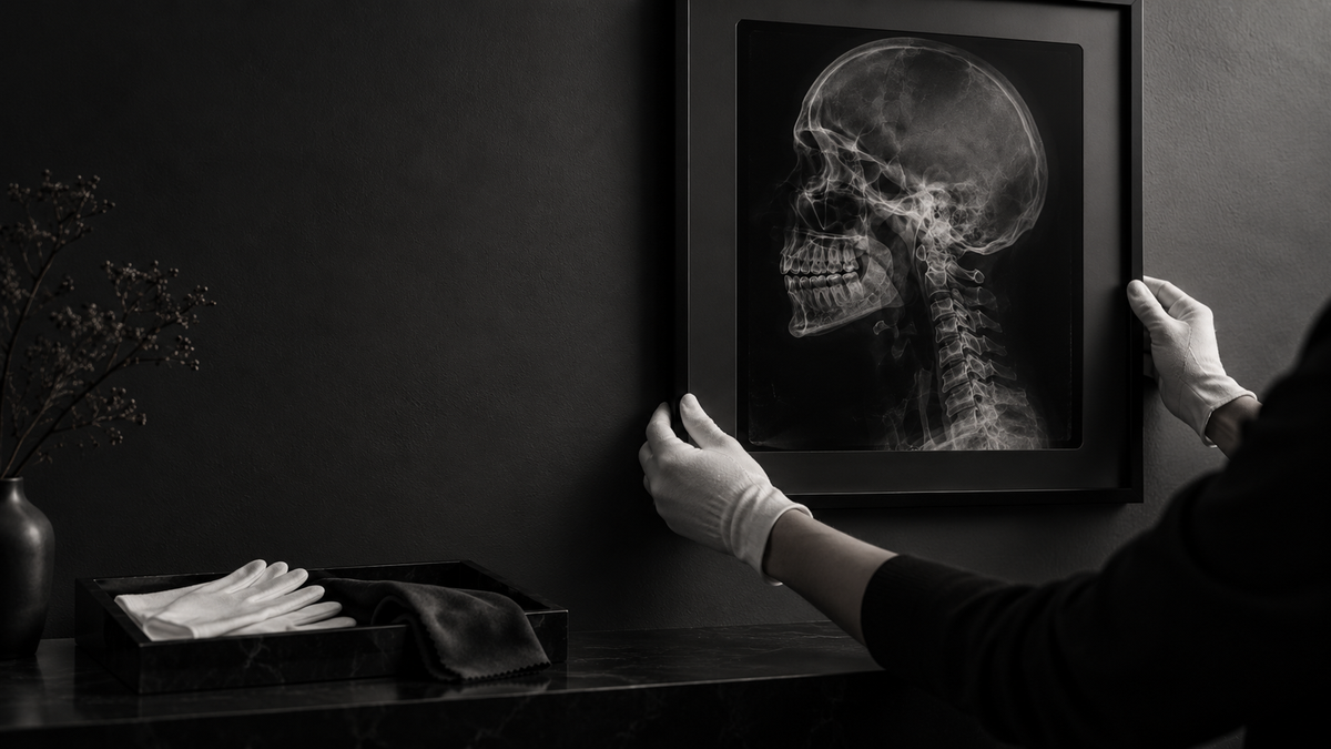 Framed X-ray artwork being carefully positioned on a dark wall