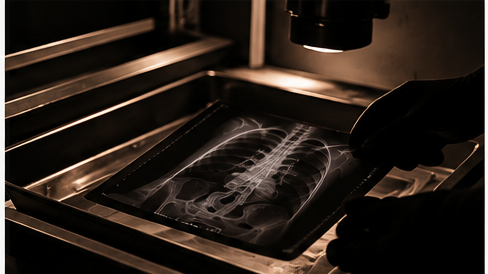 Medical imaging film being processed in a dark radiology-style workspace