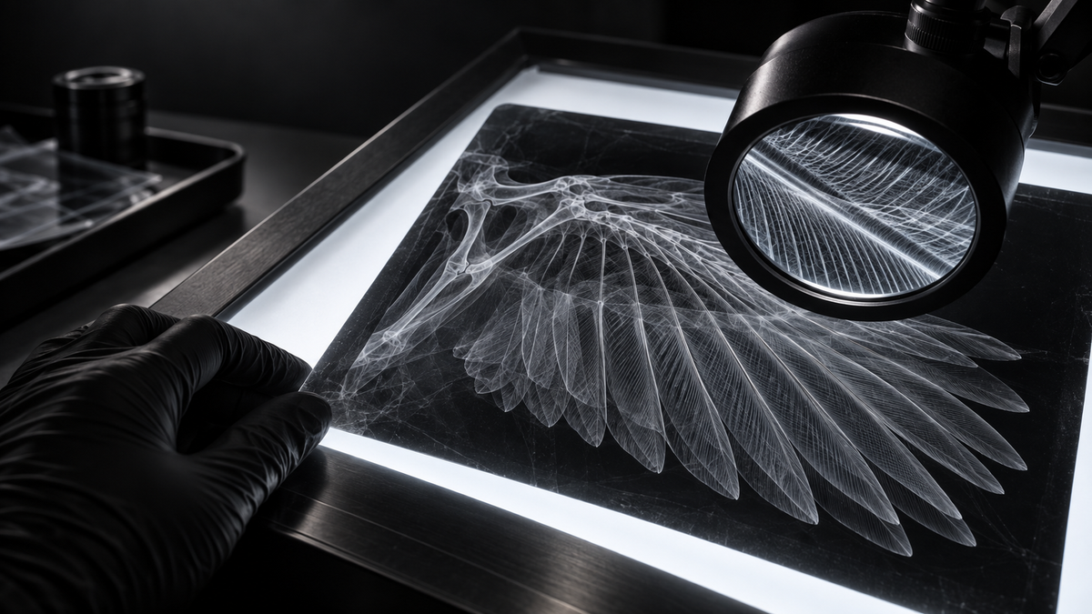Black-gloved hand examining fine radiographic wing detail on medical imaging film under magnification