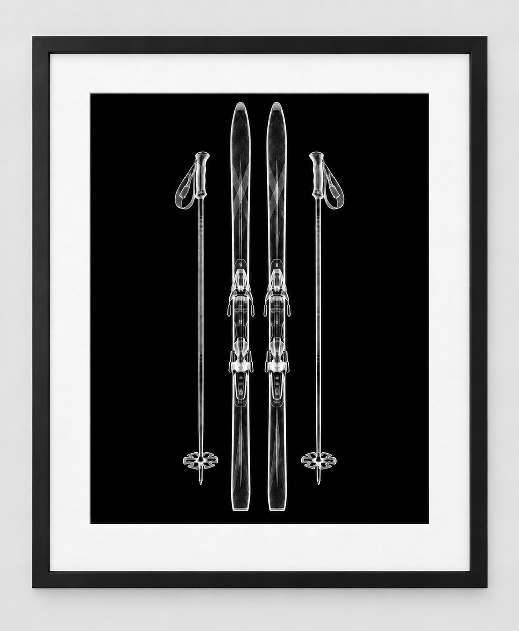 EXPOSED WINTER — CROSS-COUNTRY SKIS WITH POLES — 14 × 17 artwork in a slim black 16 × 20 frame with white mat