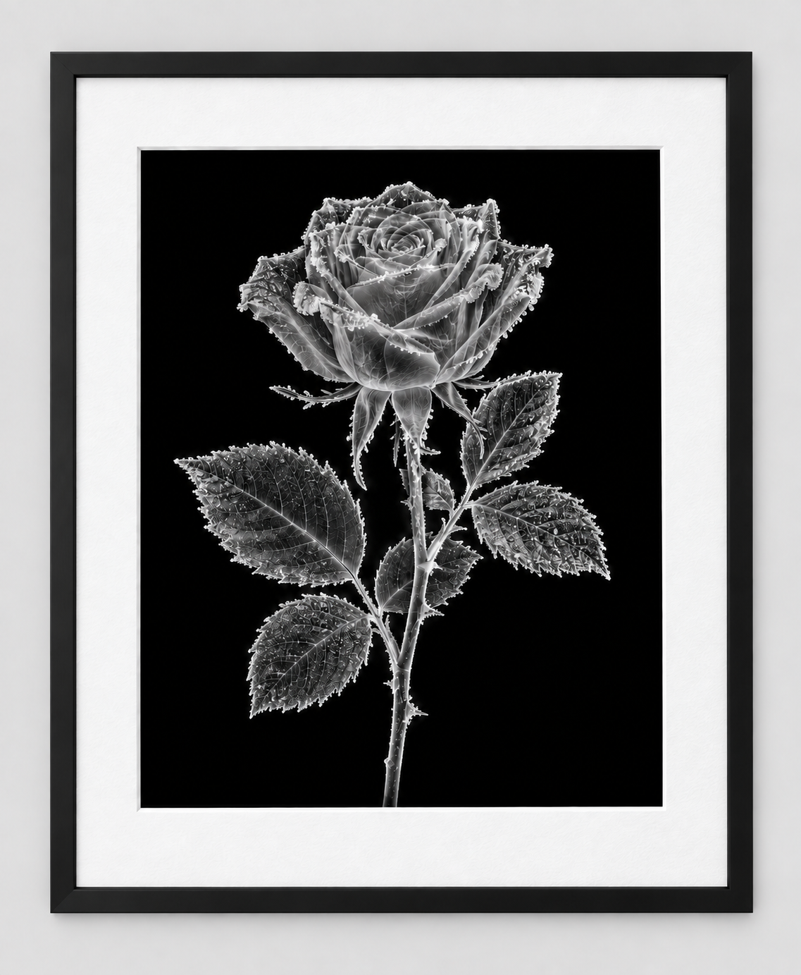 EXPOSED WINTER — FROZEN ROSE — 14 × 17 artwork in a slim black 16 × 20 frame with white mat