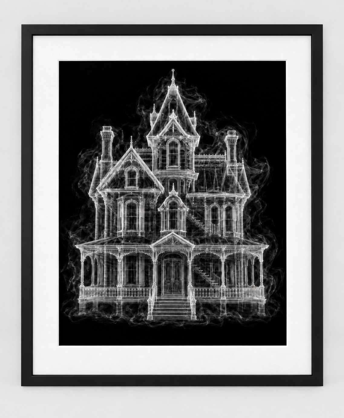 EXPOSED HALLOWEEN — HAUNTED HOUSE — 14 × 17 artwork in a slim black 16 × 20 frame with white mat