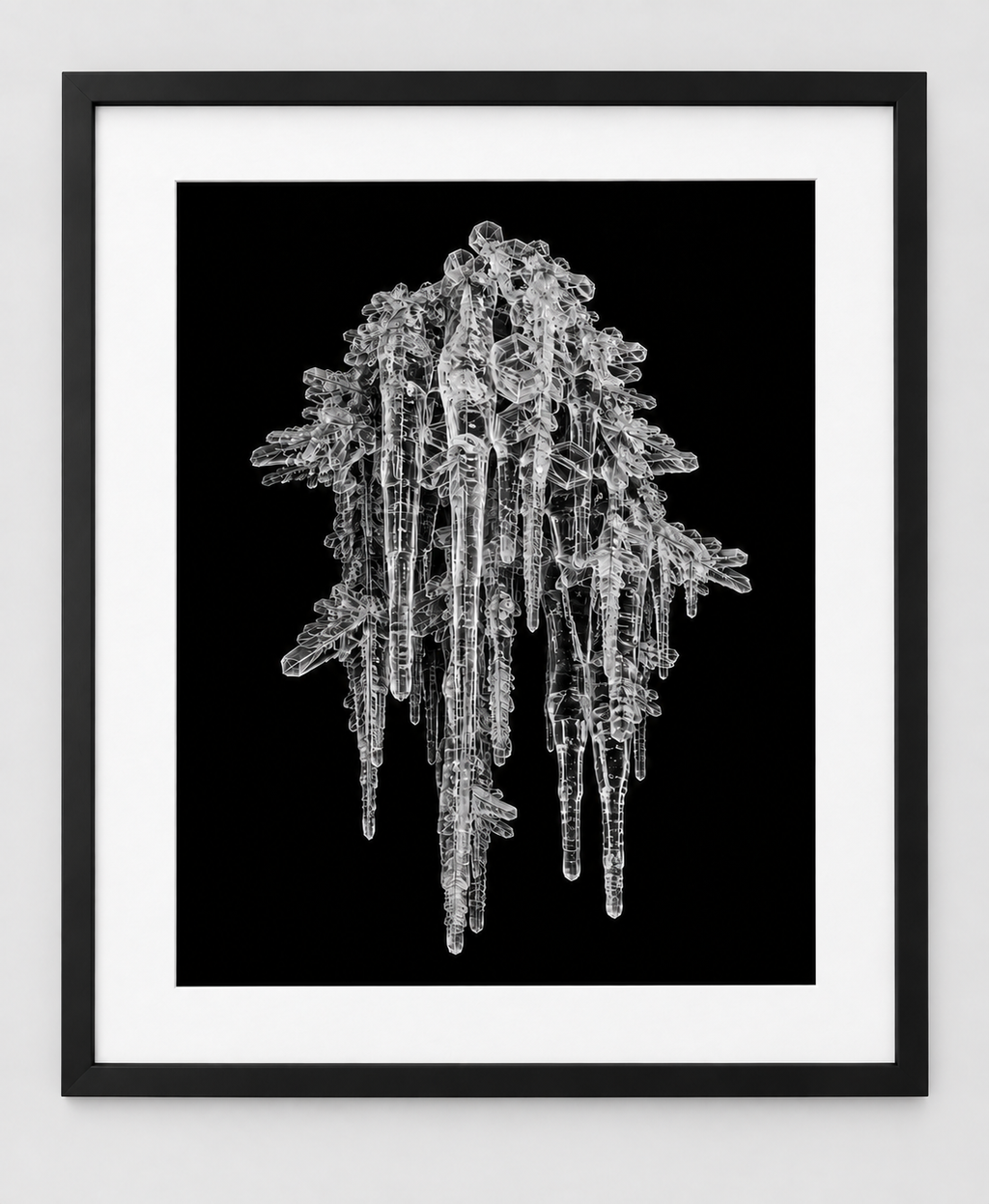 EXPOSED WINTER — ICICLE CLUSTER — 14 × 17 artwork in a slim black 16 × 20 frame with white mat
