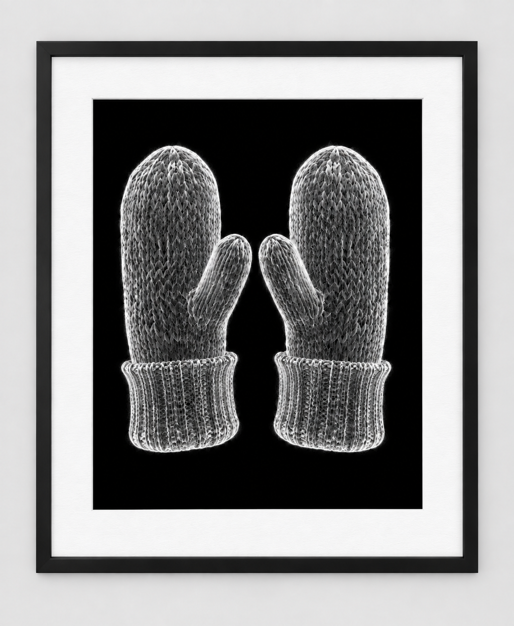 EXPOSED WINTER — MITTENS — 14 × 17 artwork in a slim black 16 × 20 frame with white mat