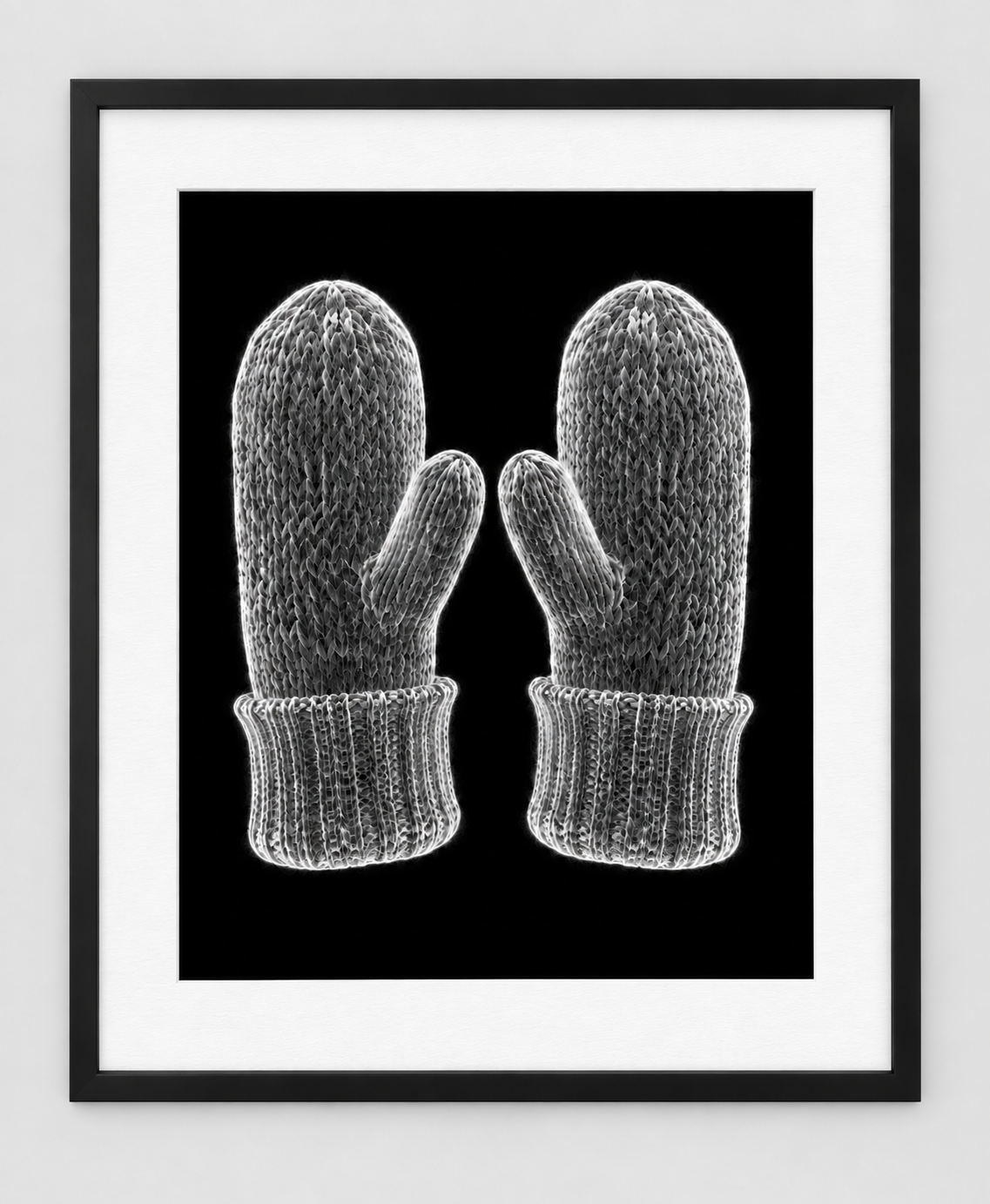 EXPOSED WINTER — MITTENS — 14 × 17 artwork in a slim black 16 × 20 frame with white mat