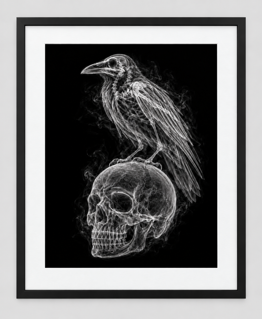 EXPOSED HALLOWEEN — RAVEN ON SKULL — 14 × 17 artwork in a slim black 16 × 20 frame with white mat