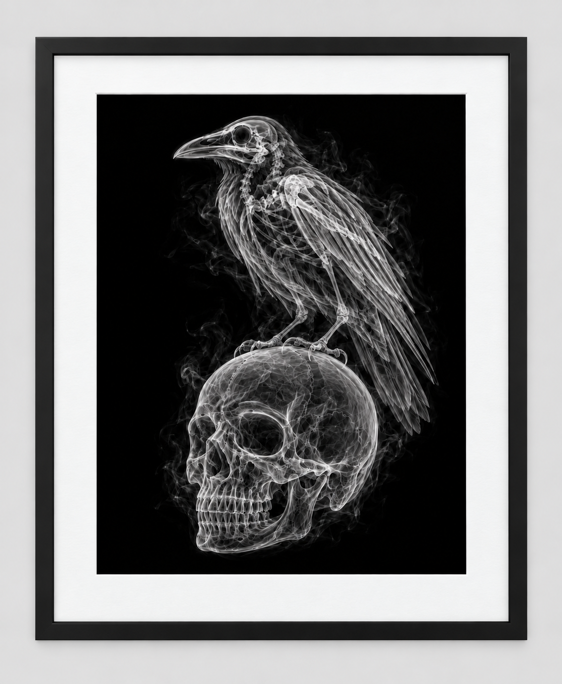 EXPOSED HALLOWEEN — RAVEN ON SKULL — 14 × 17 artwork in a slim black 16 × 20 frame with white mat