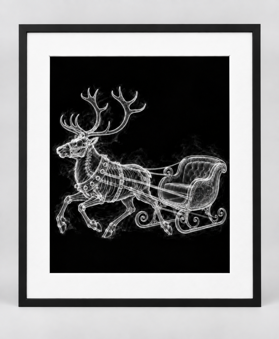 EXPOSED CHRISTMAS — REINDEER & SLEIGH — 14 × 17 artwork in a slim black 16 × 20 frame with white mat